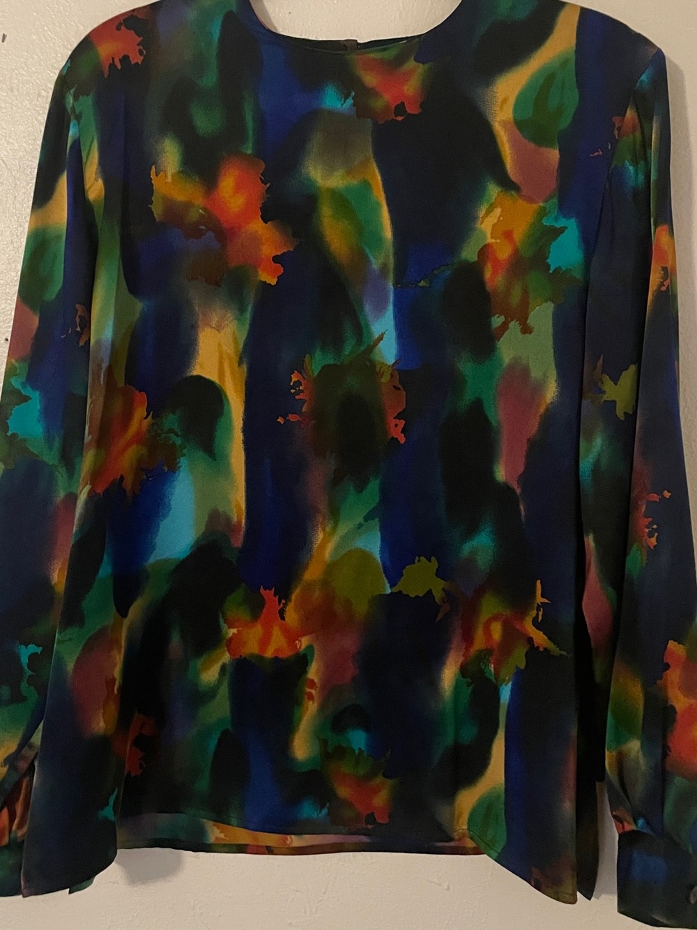 Vintage Doncaster Silk Blouse Abstract Watercolor Jewel Tone Button Cuffs 14